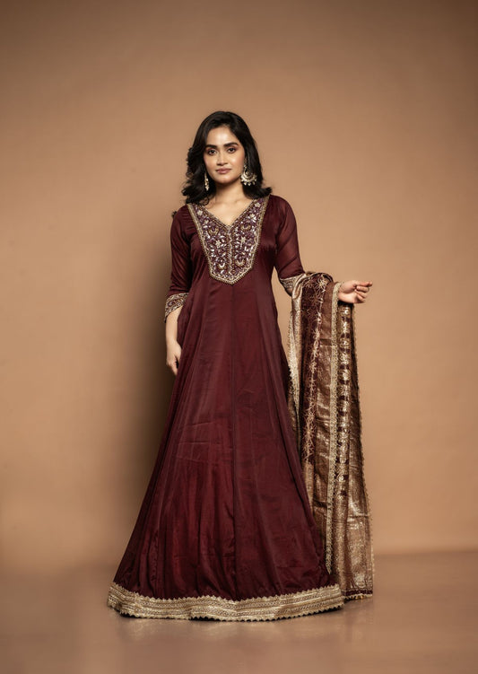 Mahira | Anarkali Pure Organza with Zardozi Work in Wine