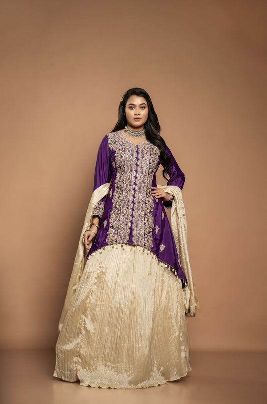 Mallika | Indo-Western Chinon Kurta-Set in Purple and Cream