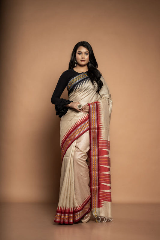 Pratima | Vidarbha Tussar Saree with Ganga-Jamuna Border in Cream-Red