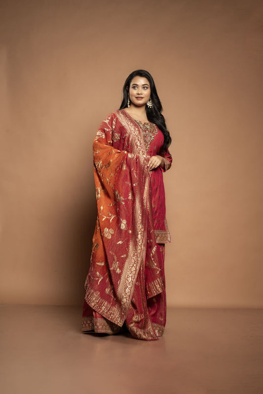 Shikha | Georgette Tissue Sharara Set in Rani Red-Orange